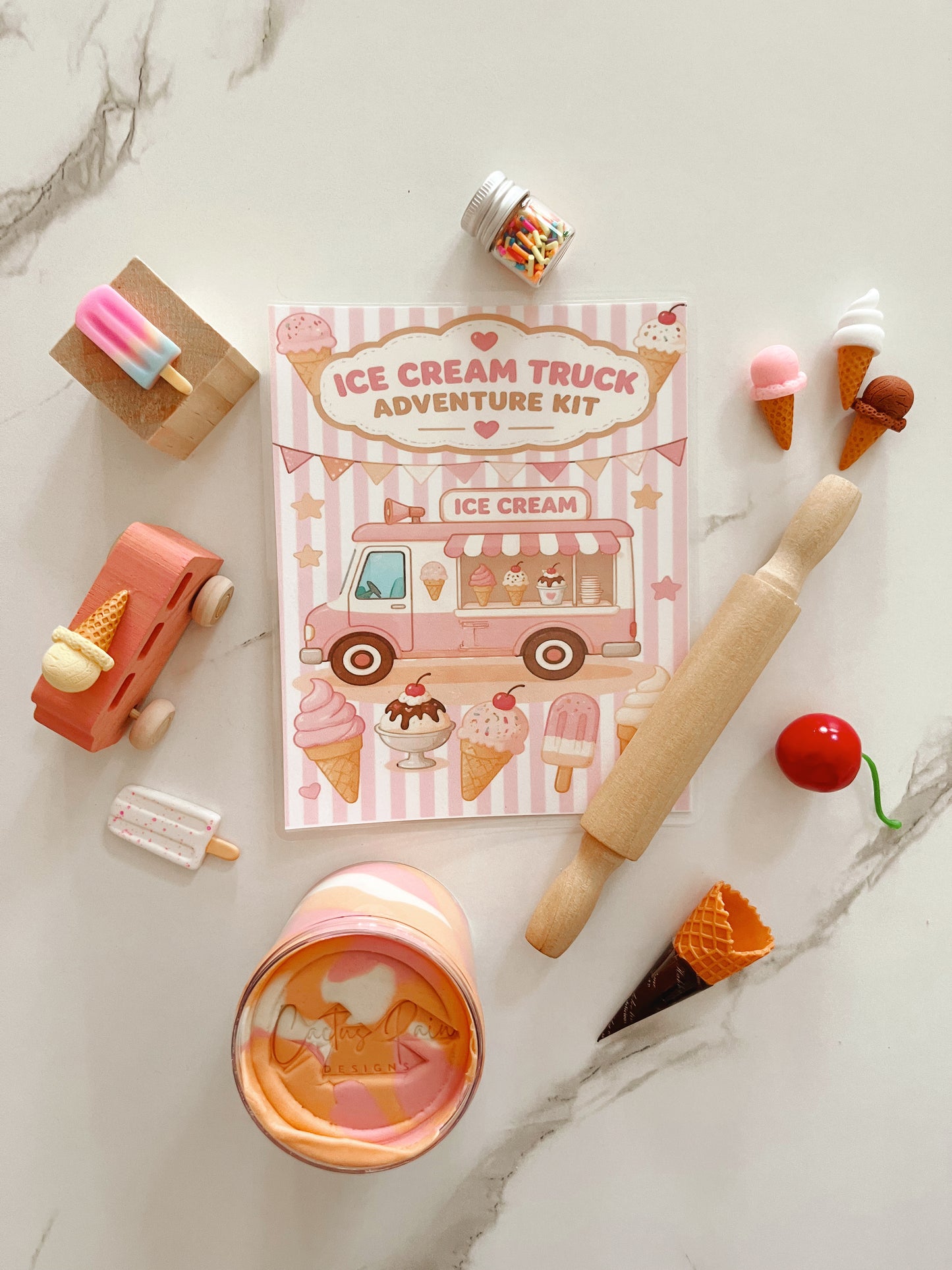 Ice Cream Truck Sensory Play Dough Kit | Kids Play Dough Kit | Orange Cream Dough with Wooden Ice Cream Truck, Rolling Pin & Pretend Play