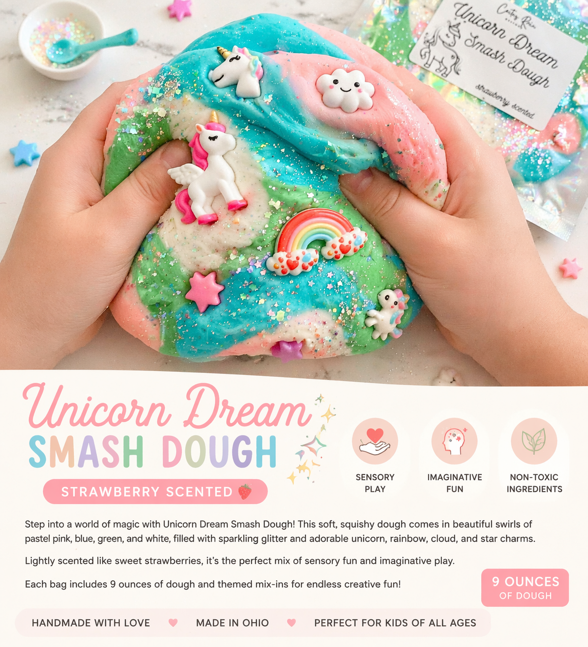Unicorn Dream Smash Dough | Strawberry Scented Play Dough | Unicorn Sensory Kit | Kids Gift Idea | 9 oz Dough